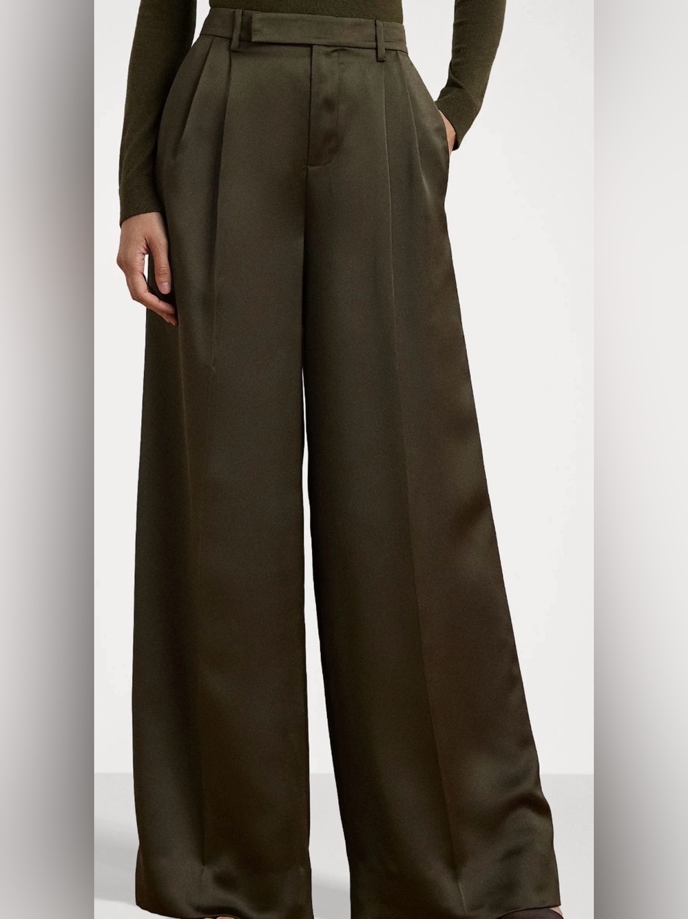 Lauren Ralph Lauren Olive Wide-Leg Pleated satin Trousers new without tags